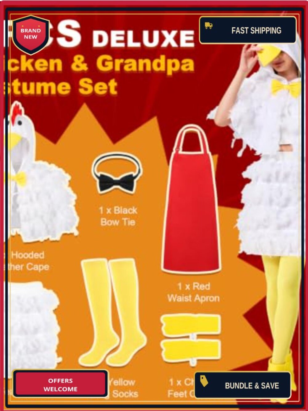 6PCS Chicken Couples Halloween Costume Set Hooded Feather Cape Apron - Picture 4 of 6